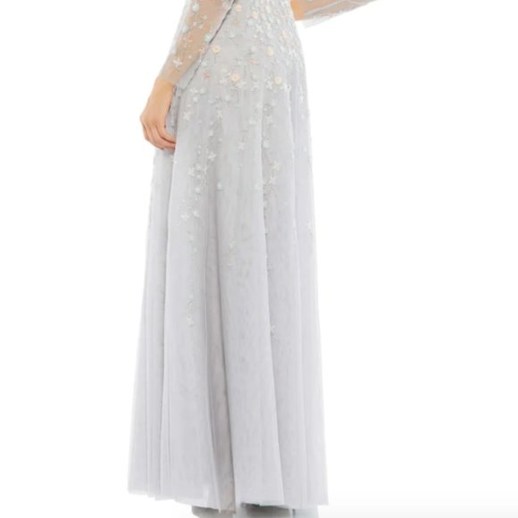 MAC DUGGAL 9131 FLORAL APPLIQUE LONG SLEEVE SURPLICE PLATINUM GOWN SZ 14 - Picture 6 of 6